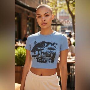 CIDER Blue Ribbed Crop Top Graphic Tee Size M